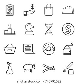 thin line icon set : report, investment, shopping bag, pedestal, chess horse, dna, dollar coin, remove from basket, list, donut, hand mill, pear, sheep, pruner, toilet brush