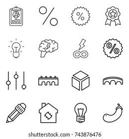 thin line icon set : report, percent, medal, bulb, brain, infinity power, equalizer, bridge, 3d, pencil, smart house, eggplant
