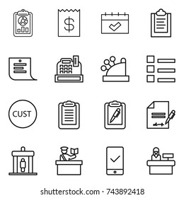 thin line icon set : report, receipt, calendar, clipboard, shopping list, cashbox, customs, pen, inventory, detector, inspector, mobile checking, reception