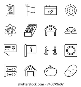 thin line icon set : report, flag, calendar, around gear, atom, brick, barn, dome house, location details, important, vip fence, ring button, watering, tomato, potato