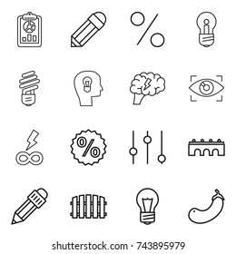 thin line icon set : report, pencil, percent, bulb, head, brain, eye identity, infinity power, equalizer, bridge, fence, eggplant