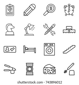 thin line icon set : report, pencil, dollar magnifier, alarm clock, chess horse, table lamp, wrench, block wall, check in, bed, washing machine, stairs, garlic clasp, pasta, cheese, toilet brush