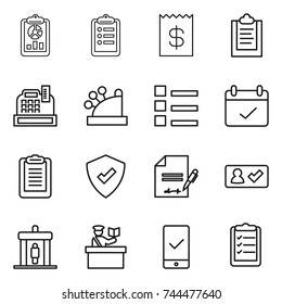 thin line icon set : report, clipboard, receipt, cashbox, list, terms, protected, inventory, check in, detector, inspector, mobile checking