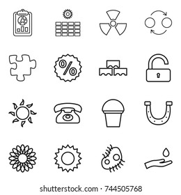 thin line icon set : report, sun power, nuclear, quantum bond, puzzle, percent, block wall, unlock, phone, bucket, horseshoe, flower, microb, hand and drop