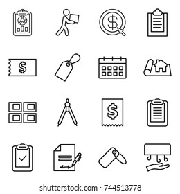 thin line icon set : report, courier, dollar arrow, clipboard, receipt, label, calendar, project, panel house, drawing compasses, tax, check, inventory, hand dryer