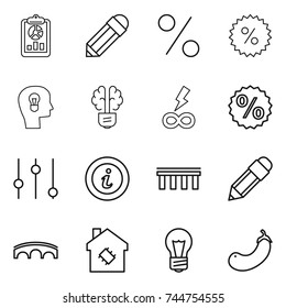 thin line icon set : report, pencil, percent, bulb head, brain, infinity power, equalizer, info, bridge, smart house, eggplant