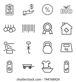 thin line icon set : report, investment, percent, bio, sale, bar code, medal, smart house, sun potection, do not hook sign, heavy, distrub, trailer, handle washing, please clean
