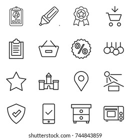 thin line icon set : report, marker, medal, add to cart, clipboard, remove from basket, percent, sale, star, castle, geo pin, sun potection, protected, mobile checking, nightstand, grill oven