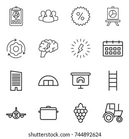 thin line icon set : report, group, percent, presentation, around gear, brain, lightning, calendar, skyscraper, hangare, stairs, plane, pan, grape, tractor
