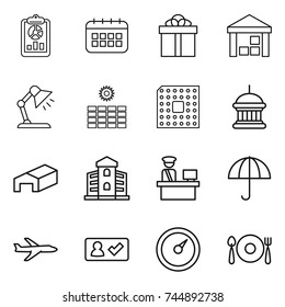 thin line icon set : report, calendar, gift, warehouse, table lamp, sun power, cpu, goverment house, building, customs control, dry cargo, plane, check in, barometer, fork spoon plate