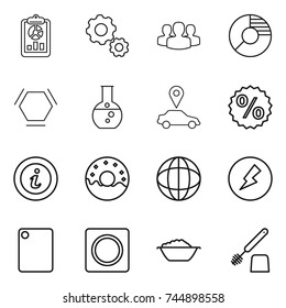 thin line icon set : report, gear, group, circle diagram, hex molecule, round flask, car pointer, percent, info, donut, globe, electricity, cutting board, ring button, foam basin, toilet brush