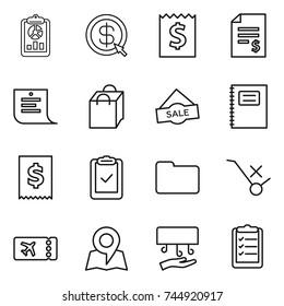 thin line icon set : report, dollar arrow, receipt, account balance, shopping list, bag, sale, copybook, tax, clipboard check, documents, do not trolley sign, ticket, map, hand dryer