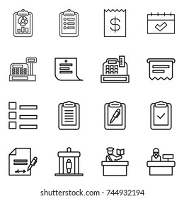 thin line icon set : report, clipboard, receipt, calendar, cashbox, shopping list, atm, pen, check, inventory, detector, inspector, reception