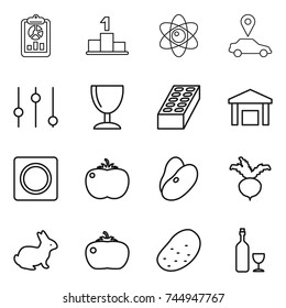 thin line icon set : report, pedestal, atom, car pointer, equalizer, wineglass, brick, warehouse, ring button, tomato, beans, beet, rabbit, potato, wine