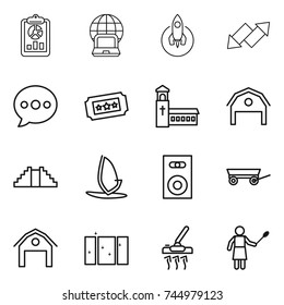 thin line icon set : report, notebook globe, rocket, up down arrow, balloon, ticket, church, barn, pyramid, windsurfing, speaker, trailer, clean window, vacuum cleaner, woman with duster
