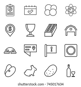 thin line icon set : report, calendar, atom core, dollar pin, wineglass, brick, barn, dome house, location details, important flag, ring button, beans, rabbit, potato, wine