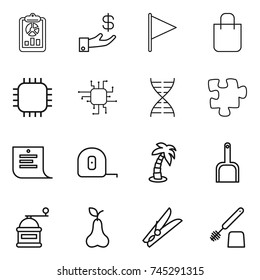 thin line icon set : report, investment, flag, shopping bag, chip, dna, puzzle, list, measuring tape, palm, scoop, hand mill, pear, clothespin, toilet brush