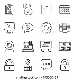 thin line icon set : report, money gift, graph, calendar, monitor arrow, message, gear, server, web cam, cashbox, delivery, panel house, lock, map, sms, unlocked