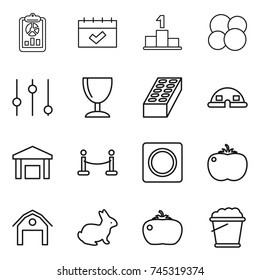 thin line icon set : report, calendar, pedestal, atom core, equalizer, wineglass, brick, dome house, warehouse, vip fence, ring button, tomato, barn, rabbit, foam bucket