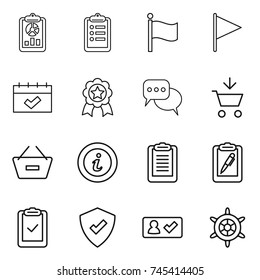 thin line icon set : report, clipboard, flag, calendar, medal, discussion, add to cart, remove from basket, info, pen, check, protected, in, handwheel
