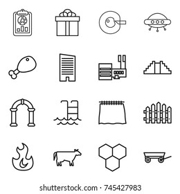 thin line icon set : report, gift, cell corection, ufo, chicken leg, skyscraper, mall, pyramid, arch, pool, curtain, fence, fire, cow, honeycombs, trailer