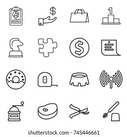 thin line icon set : report, investment, shopping bag, pedestal, chess horse, puzzle, dollar coin, list, donut, measuring tape, stadium, wireless, hand mill, steake, pruner, toilet brush
