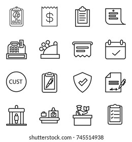 thin line icon set : report, receipt, clipboard, shopping list, cashbox, atm, terms, customs, pen, protected, inventory, detector, baggage checking, inspector