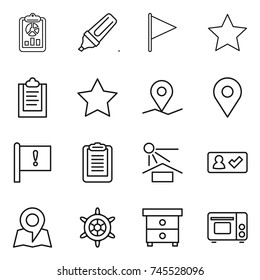 thin line icon set : report, marker, flag, star, clipboard, geo pin, important, sun potection, check in, map, handwheel, nightstand, grill oven
