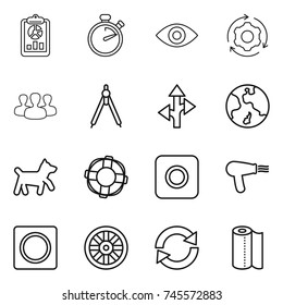 thin line icon set : report, stopwatch, eye, around gear, group, drawing compasses, route, earth, dog, lifebuoy, ring button, hair dryer, wheel, reload, paper towel