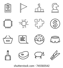 thin line icon set : report, flag, pedestal, chess horse, chip, puzzle, dollar coin, remove from basket, shopping list, donut, stadium, scoop, steake, sheep, clothespin