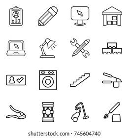 thin line icon set : report, pencil, monitor arrow, warehouse, notebook, table lamp, wrench, block wall, check in, washing machine, stairs, garlic clasp, walnut crack, pasta, vacuum cleaner