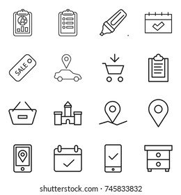 thin line icon set : report, clipboard, marker, calendar, sale, car pointer, add to cart, remove from basket, castle, geo pin, mobile location, terms, checking, nightstand