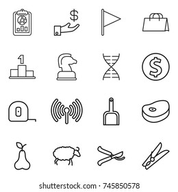 thin line icon set : report, investment, flag, shopping bag, pedestal, chess horse, dna, dollar coin, measuring tape, wireless, scoop, steake, pear, sheep, pruner, clothespin