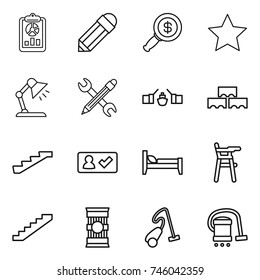 thin line icon set : report, pencil, dollar magnifier, star, table lamp, wrench, drawbridge, block wall, stairs, check in, bed, Chair for babies, pasta, vacuum cleaner