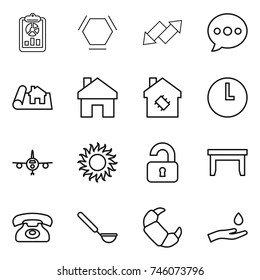 thin line icon set : report, hex molecule, up down arrow, balloon, project, home, smart house, clock, plane, sun, unlocked, table, phone, ladle, croissant, hand and drop