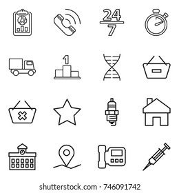 thin line icon set : report, call, 24 7, stopwatch, truck, pedestal, dna, remove from basket, delete cart, star, spark plug, home, university, geo pin, intercome, syringe