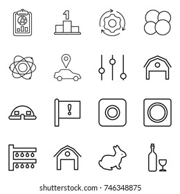 thin line icon set : report, pedestal, around gear, atom core, car pointer, equalizer, barn, dome house, important flag, ring button, watering, rabbit, wine