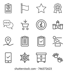 thin line icon set : report, flag, star, medal, discussion, add to cart, info, castle, geo pin, clipboard, check, sun potection, mobile checking, handwheel, nightstand, pets