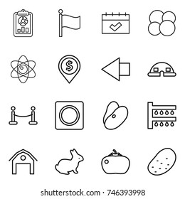 thin line icon set : report, flag, calendar, atom core, dollar pin, left arrow, dome house, vip fence, ring button, beans, watering, barn, rabbit, tomato, potato
