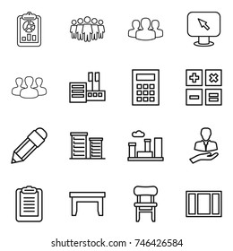 thin line icon set : report, team, group, monitor arrow, store, calculator, pencil, district, city, client, clipboard, table, chair, window