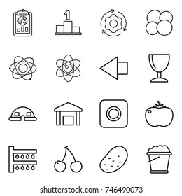 thin line icon set : report, pedestal, around gear, atom core, left arrow, wineglass, dome house, warehouse, ring button, tomato, watering, cherry, potato, foam bucket
