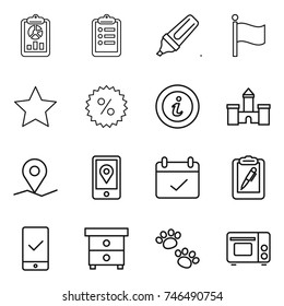 thin line icon set : report, clipboard, marker, flag, star, percent, info, castle, geo pin, mobile location, terms, pen, checking, nightstand, pets, grill oven