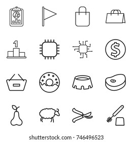 thin line icon set : report, flag, shopping bag, pedestal, chip, dollar coin, remove from basket, donut, stadium, steake, pear, sheep, pruner, toilet brush