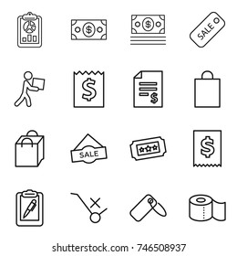 thin line icon set : report, money, sale, courier, receipt, account balance, shopping bag, ticket, tax, clipboard pen, do not trolley sign, label, toilet paper