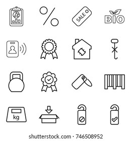thin line icon set : report, percent, sale, bio, pass card, medal, smart house, do not hook sign, heavy, label, bar code, package, distrub, please clean