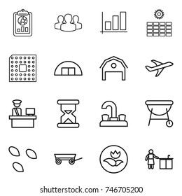 thin line icon set : report, group, graph, sun power, cpu, hangar, barn, plane, customs control, sand clock, water tap, bbq, seeds, trailer, ecology, kitchen cleaning