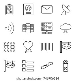 thin line icon set : report, annual, mail, satellite antenna, wireless, server, cloud, chip, cardio, bar code, store signboard, shop, list, stairs, do not distrub