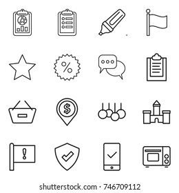 thin line icon set : report, clipboard, marker, flag, star, percent, discussion, remove from basket, dollar pin, sale, castle, important, protected, mobile checking, grill oven