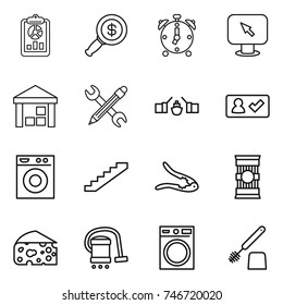 thin line icon set : report, dollar magnifier, alarm clock, monitor arrow, warehouse, pencil wrench, drawbridge, check in, washing machine, stairs, walnut crack, pasta, cheese, vacuum cleaner