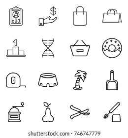 thin line icon set : report, investment, shopping bag, pedestal, dna, remove from basket, donut, measuring tape, stadium, palm, scoop, hand mill, pear, pruner, toilet brush